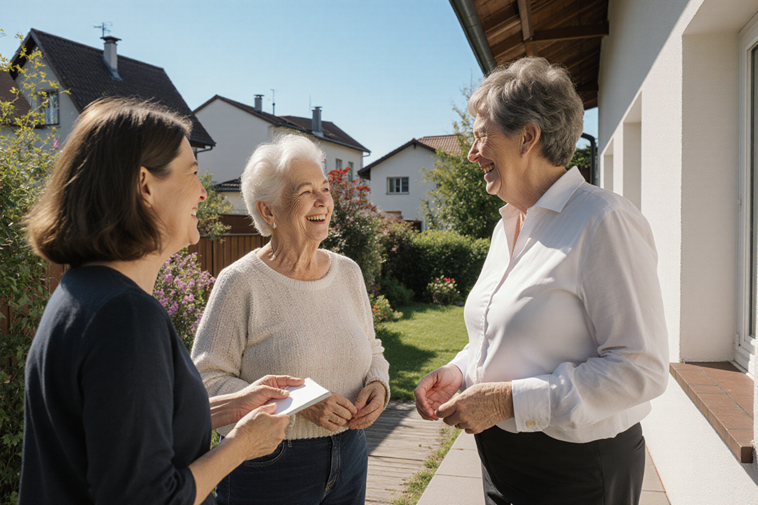 Eigentümerinnen und Ansprechpartnerin im Gespräch am Hausgarten